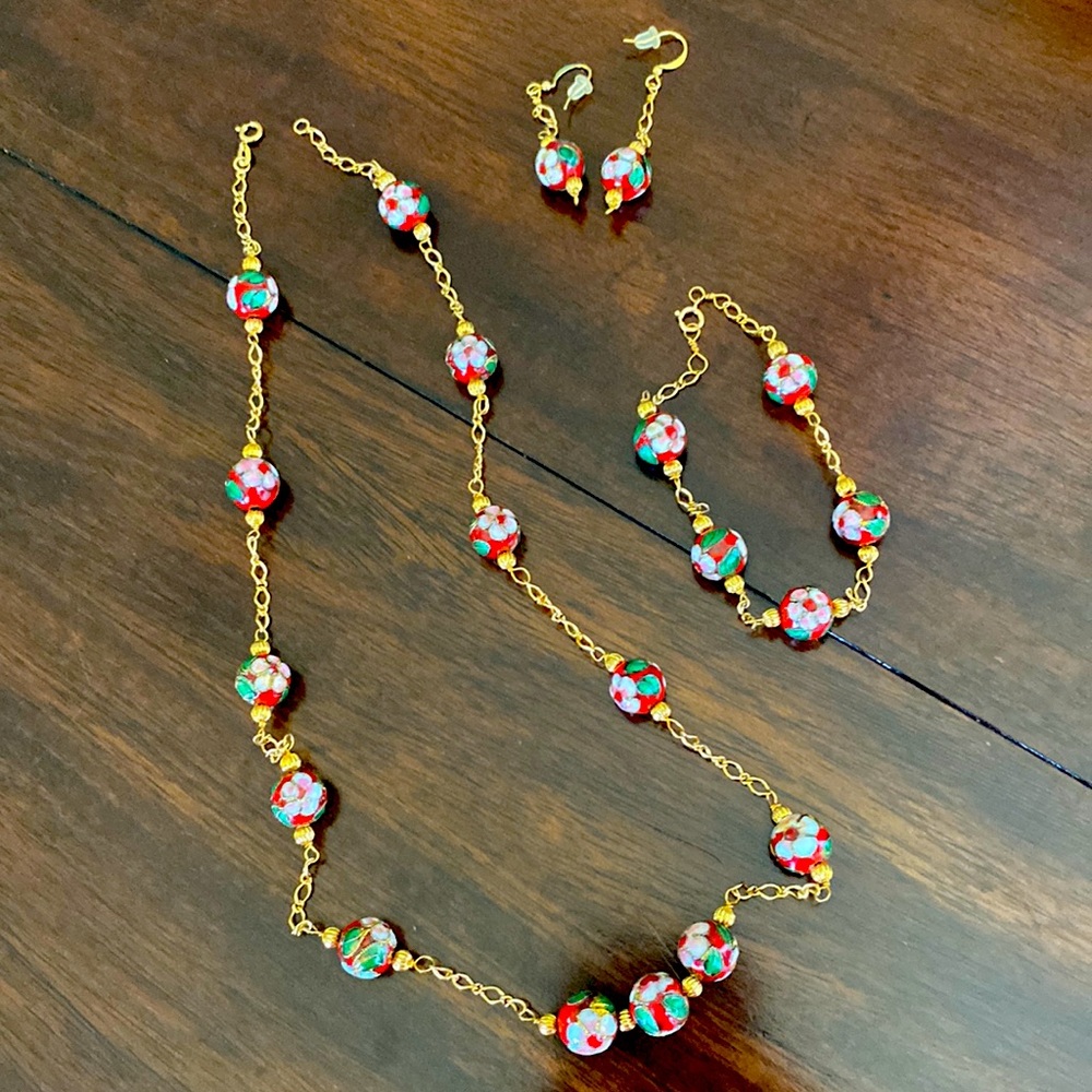 Cloisonne necklace, bracelet and earrings 18k